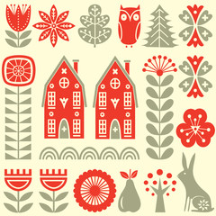 Scandinavian folk art seamless vector pattern with flowers, trees, rabbit, owl, houses and rural scenery in simple style
