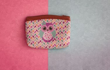Colorful wallet with image of owl on the blue and pink pastel colored paper background. Flat lay. Minimal concept.