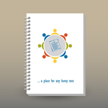 vector cover of diary or notebook with ring spiral binder - format A5 - layout brochure concept - colored team meeting icon with round table