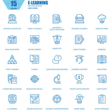 Thin line online education, e-learning, e-book icons set for website and mobile site and apps. Contains such Icons as Book, Library, Webinar. 48x48 Pixel Perfect. Editable Stroke. Vector illustration.