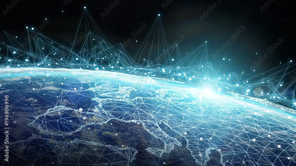 Poster Connections system and datas exchanges on planet Earth 3D rendering