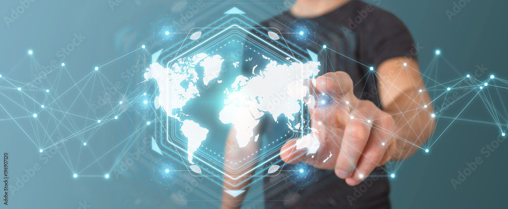 Aufkleber businessman using digital world map interface 3d rendering