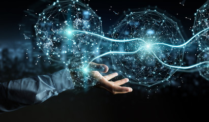 Businessman using digital network connection sphere 3D rendering