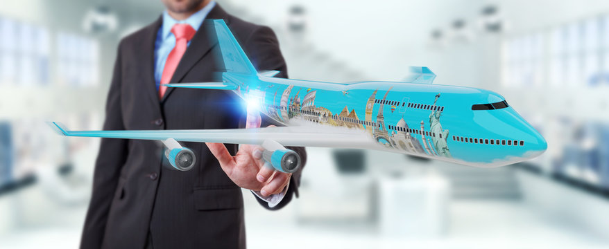 Businessman with plane and famous landmarks of the world 3D rendering