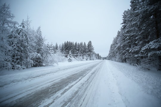 Icy road in Vaesterbotten in northern Sweden