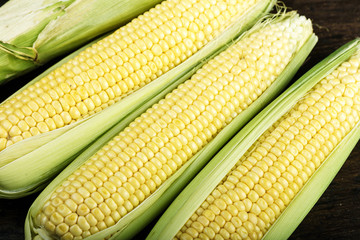 Fresh corn, corn on the cob, close-up, background, top view