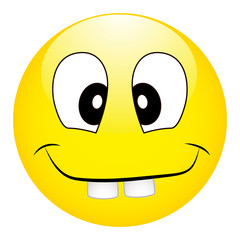 Funny silly yellow smiley with big teeth on a white background