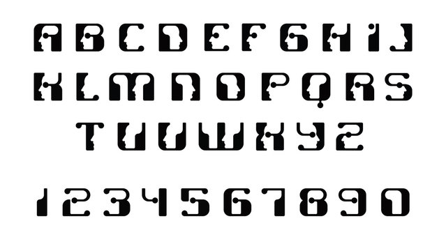 English font upper case letters. Logo - human faces of cyborg robots, for computer theme, science etc, retro style.