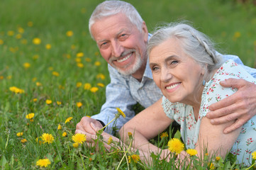 happy senior couple lying on green meadow 