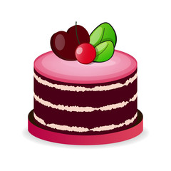 Piece of chocolate cake with cream and cherry.