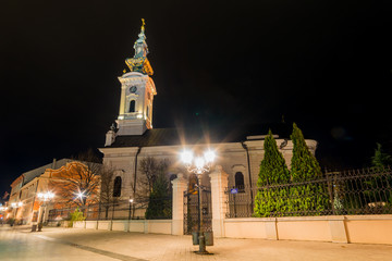 Naklejka premium Novi Sad, Serbia March 14, 2018: Serbian orthodox church (Saborna crkva) in Novi Sad, capital of Vojvodina, northern serbian province by night.