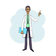 Black doctor talking, in white coat with folder