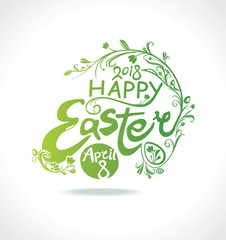 Happy Easter. 2018. April 8. Typography design of the green inscription with a spring flowering branch and Easter eggs. Vector vintage template.