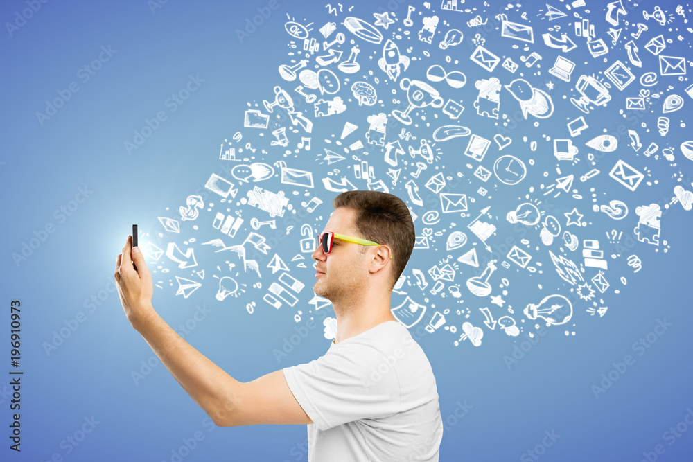 Aufkleber Man using smartphone with sketch