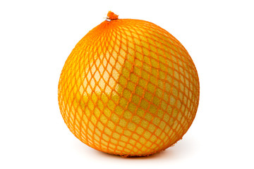 A ripe pomelo is packaged in a grid on a white