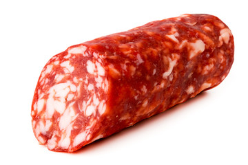 Salami sausages on a white, close up.