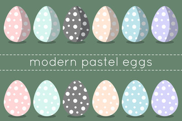Modern light colored easter egg set with shadows in flat design. Pastel easter egg collection.