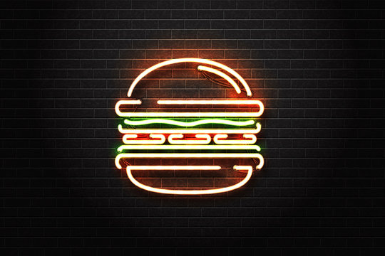 Vector realistic isolated neon sign of burger logo for decoration and covering on the wall background. Concept of fast food, cafe and restaurant.