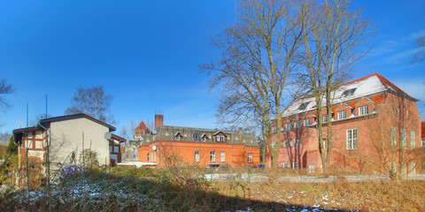 Historic houses near the city wall of Greifswald, Germany