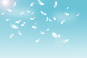 Abstract white feathers float in blue sky.