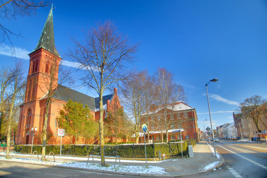 Catholic church St Josef and Bahnhofstrasse in Greifswald, Germany