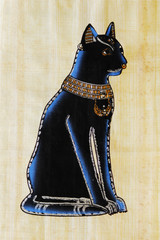 The Egyptian goddess Bastet is depicted on a real Egyptian papyrus