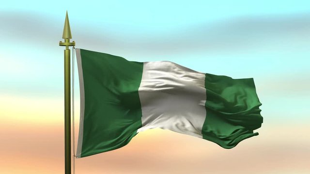 National Flag of  Nigeria waving in the wind against the sunset sky background slow motion Seamless Loop Animation
