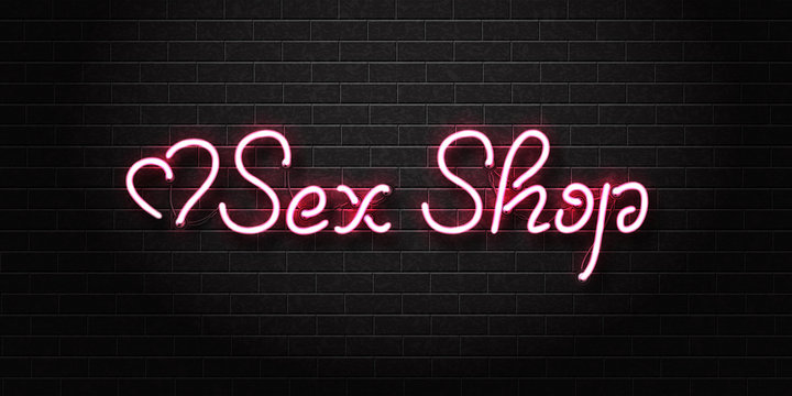 Vector realistic isolated neon sign of Sex Shop lettering logo with hearts for decoration and covering on the wall background. Concept of night club and erotic show.