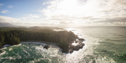 Aerial panoramic seascape view during a vibrant winter morning. Taken near Tofino and Ucluelet, Vancouver Island, British Columbia, Canada.