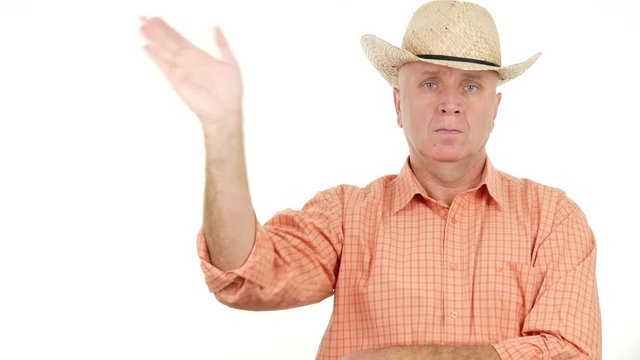 Confident Farmer Make a Welcoming Hello Hand Gestures in a TV Presentation