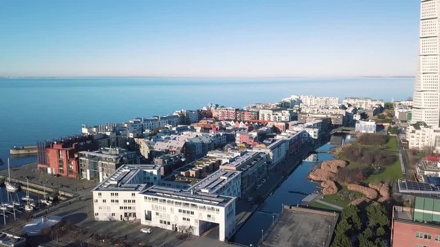 Malmo gulf aerial view with Eresund Bridge