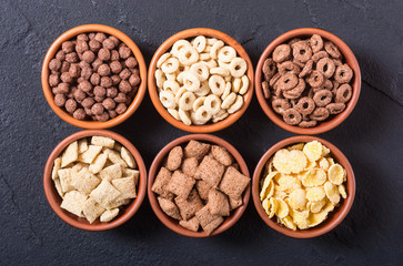 Cereals . Breakfast with milk and chocolate cornflakes