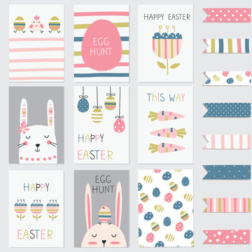 Easter greetings cards set with cute rabbits, eggs, flowers
