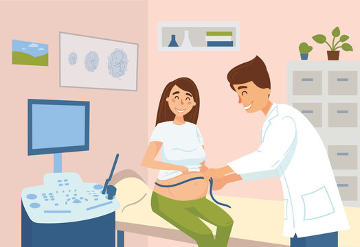 Measuring of pregnant woman in hospital. Gynecologist doctor examine female patient belly with measure tape near ultrasonic equipment in clinic. Image of child embryo on wall. Pregnancy consultation