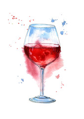 Glass of a red wine.Picture of a alcoholic drink.Watercolor hand drawn illustration.White background.