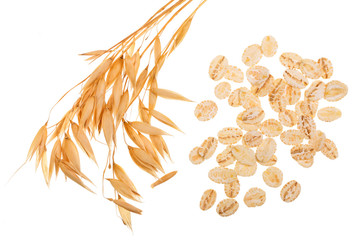 oat spike with oat flakes isolated on white background. Top view