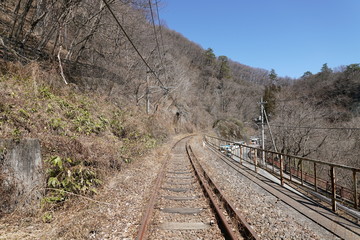 Gunma,Japan-March 17, 2018: A dead track, Agatsuma line, which was abandoned due to construction of a new dam, Yanbadam. The track will disappear under water in two years.