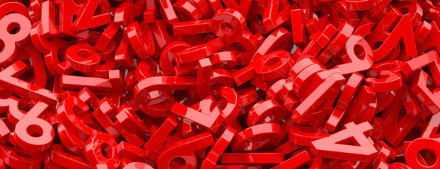 Education, maths, calculation concept. Shiny red figures numbers background, banner. 3d illustration