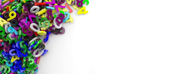Education, maths, calculation concept. Colorful figures numbers on white background, copy space, banner. 3d illustration