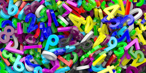 Education, maths, calculation concept. Colorful figures numbers background. 3d illustration