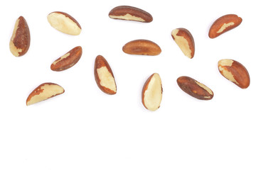 Brazil nuts isolated on white background closeup with copy space for your text. Top view. Flat lay