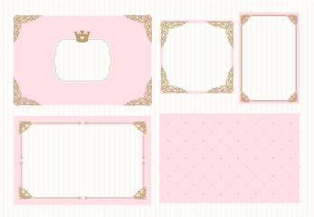 A set of cute pink templates for invitations.Vintage gold frame with crown. A little princess party. Baby shower, wedding, girl birthday invite card. Cute picture border. Decorative golden corner.