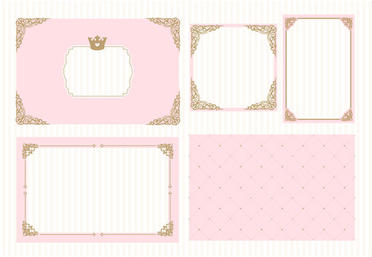 A set of cute pink templates for invitations.Vintage gold frame with crown. A little princess party. Baby shower, wedding, girl birthday invite card. Cute picture border. Decorative golden corner. 