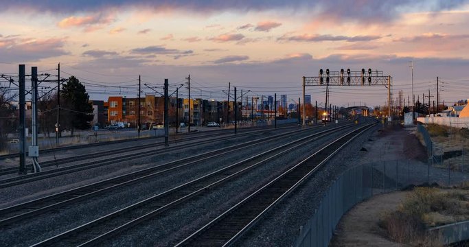 Light Rail at Sunset with Drone in Denver, Colorado