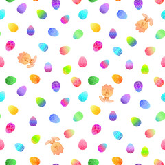 Seamless pattern with different Easter eggs and rabbit. Vector illustration in sketch style. Hand drawn Easter pattern.