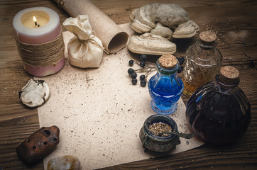 Magic potion ancient recipe scroll with copy space. Alternative herbal medicine. Shaman table with...