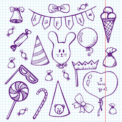 Balloons and gifts on a notebook. Vector illustration in a sketch style