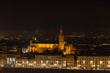 Scenic night view of Florence and The Basilica di Santa Croce from the viewpoint of Piazzale Michelangelo, Italy