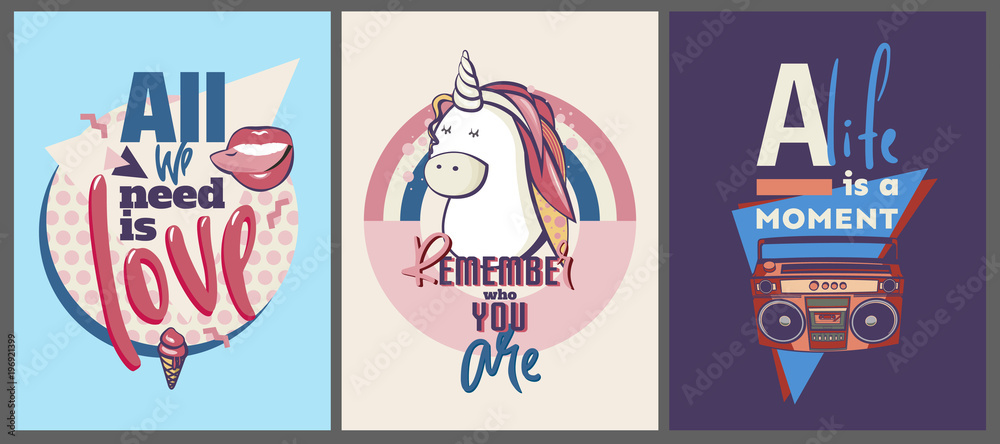 Poster memphis cards with geometric elements and retro illustrations. set of vector banners in trendy 80s-9