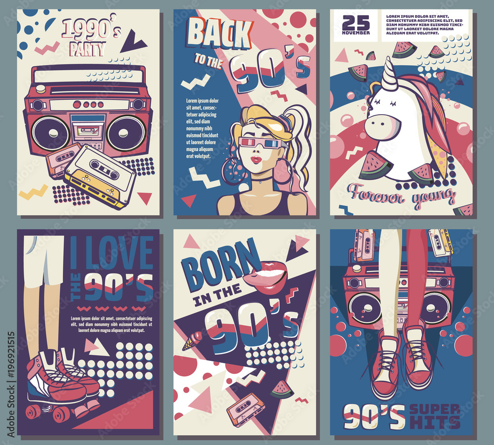 Poster memphis cards with geometric elements and retro illustrations. set of vector banners in trendy 80s-9